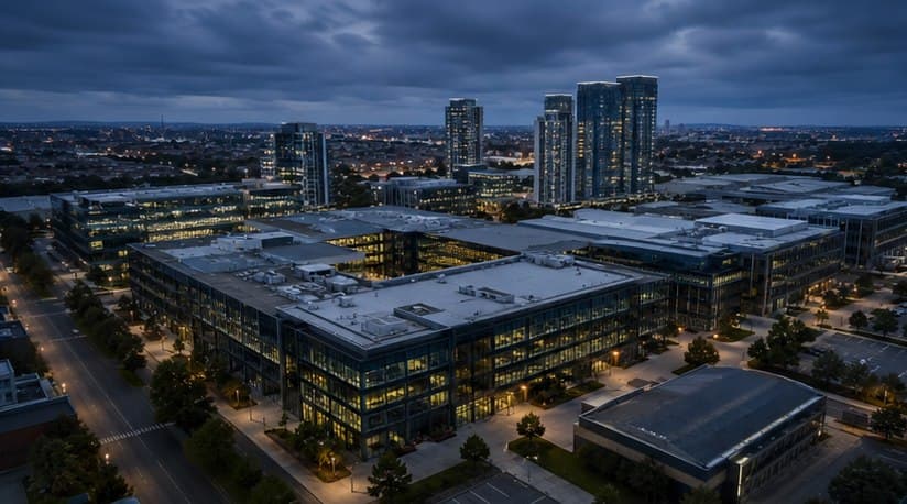 Aerial drone inspection over a commercial estate at dusk