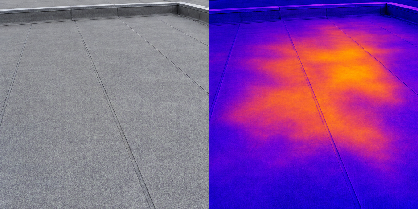 Illustration comparing an apparently intact roof in visible light with a simulated thermal pattern over the same roof