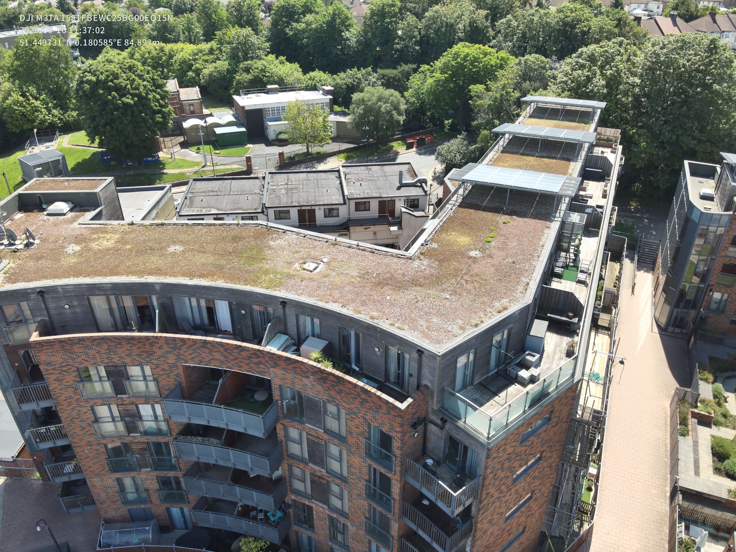 Aerial view of high-rise residential blocks with sedum roofs